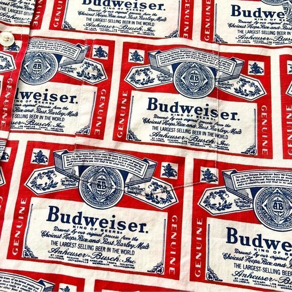 Vintage 60s 70s Budweiser Beer Label Line Union AOP Pop Art Polo Shirt Hawaiian. - Picture 8 of 12